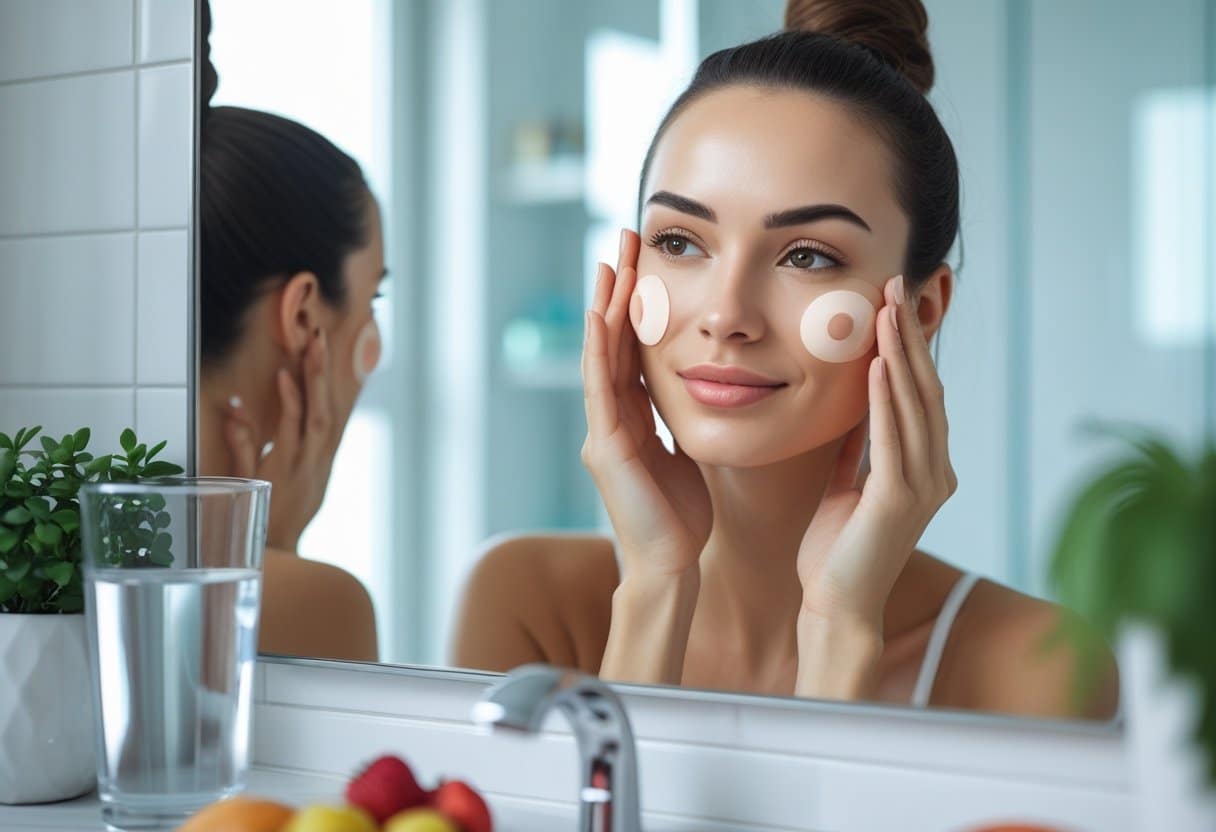 A young woman gently touching her cheeks while looking into a bathroom mirror with health-related items on the countertop.