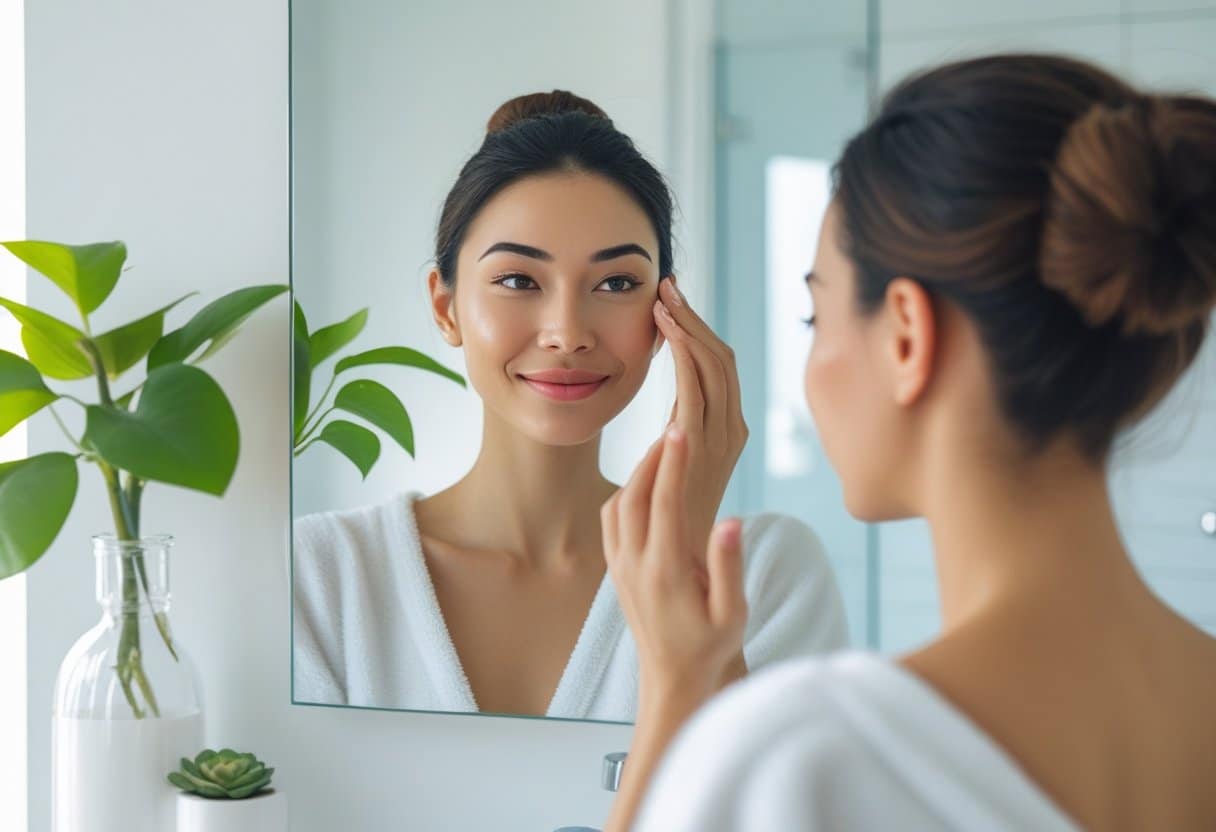 A young woman gently touching her face while looking into a mirror in a bright bathroom.