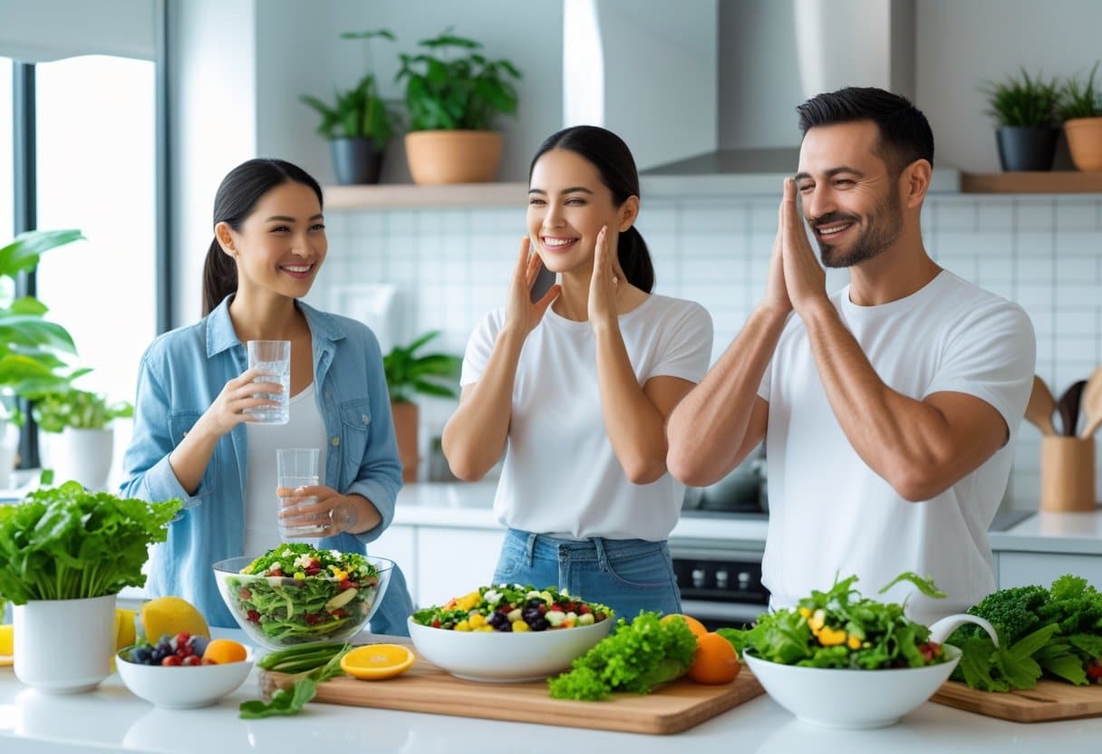 Three adults in a bright kitchen preparing healthy food and doing facial exercises to promote wellness.