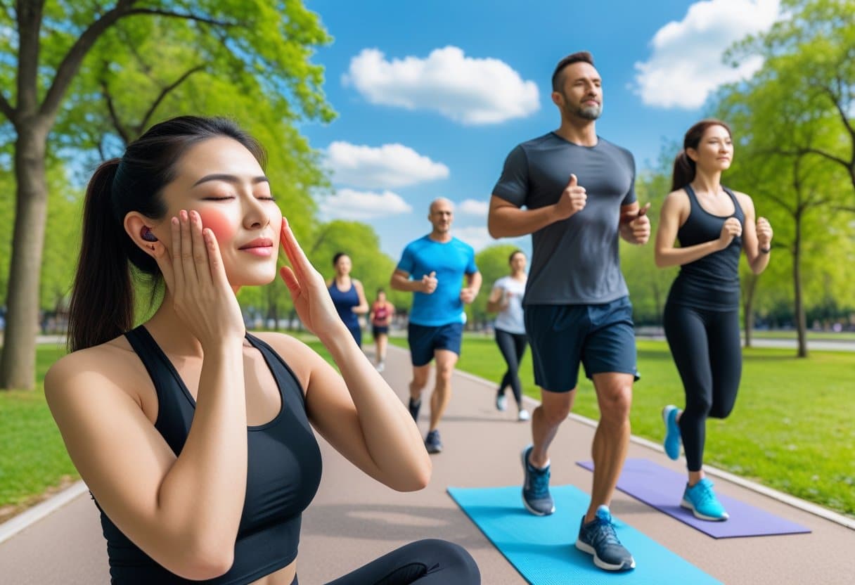 People exercising outdoors in a park, including a woman doing facial exercises, a man jogging, and another woman stretching on a yoga mat.