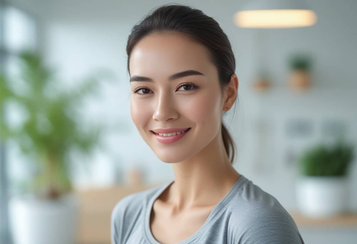 A smiling young woman with a slim, well-defined face in a bright indoor setting with plants in the background.