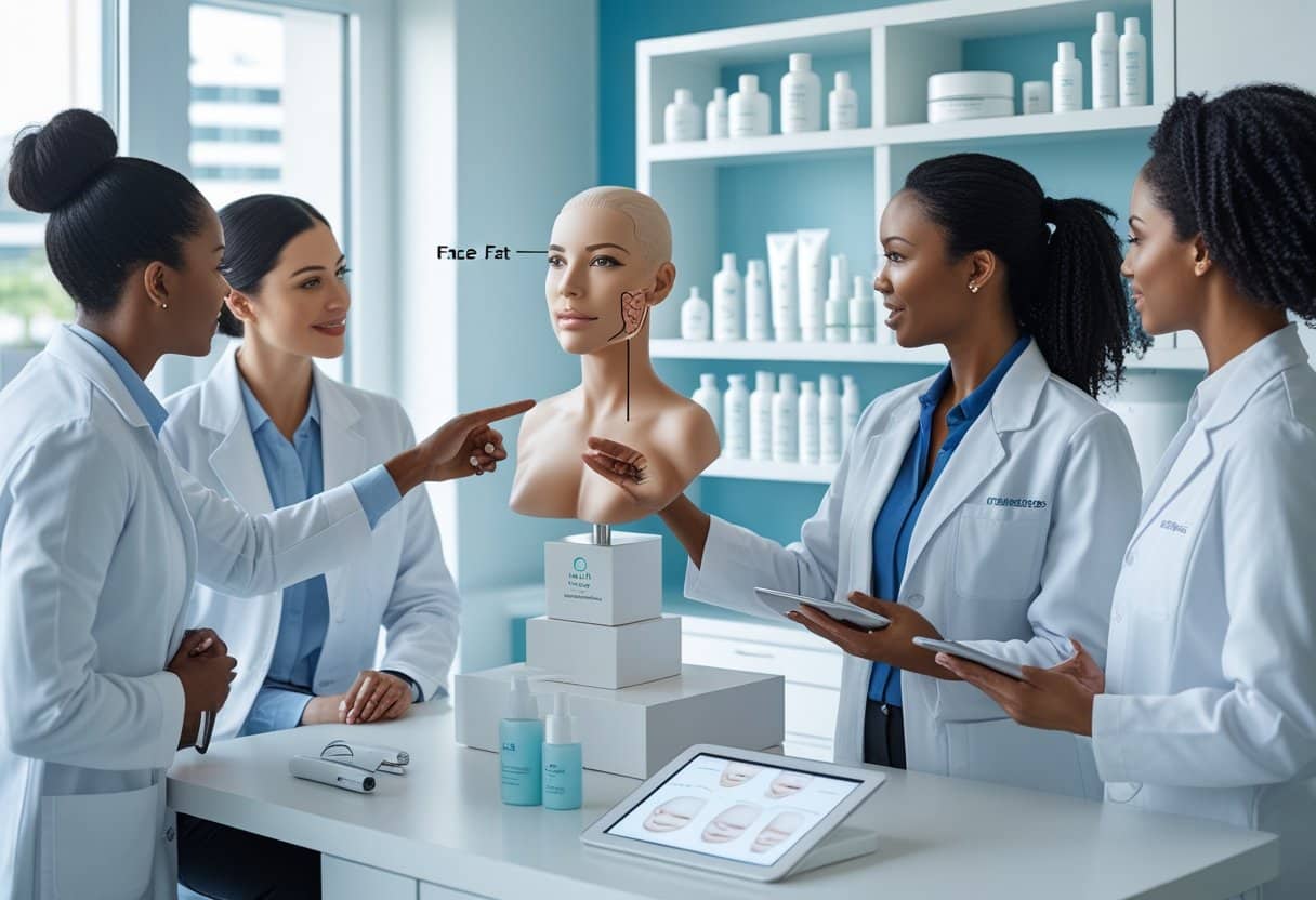 Medical professionals in a clinic discussing facial anatomy and treatments to reduce face fat using models and digital diagrams.