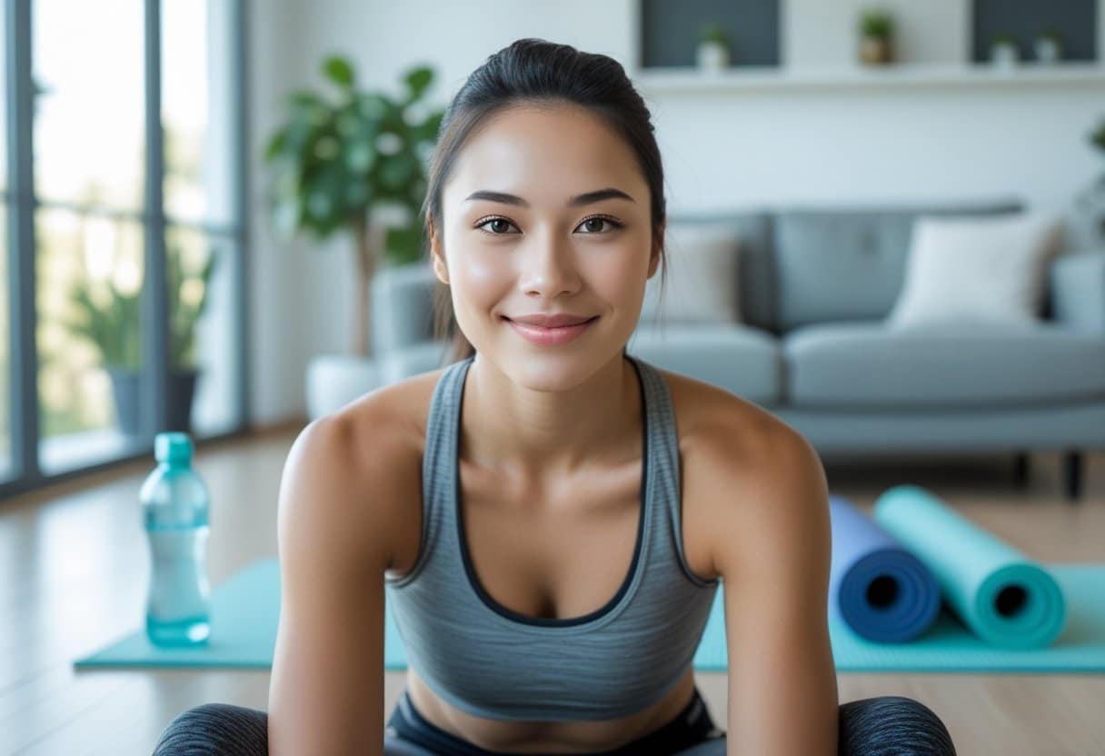 A young woman smiling in a bright living room with a plant and yoga mat nearby, suggesting a healthy lifestyle.
