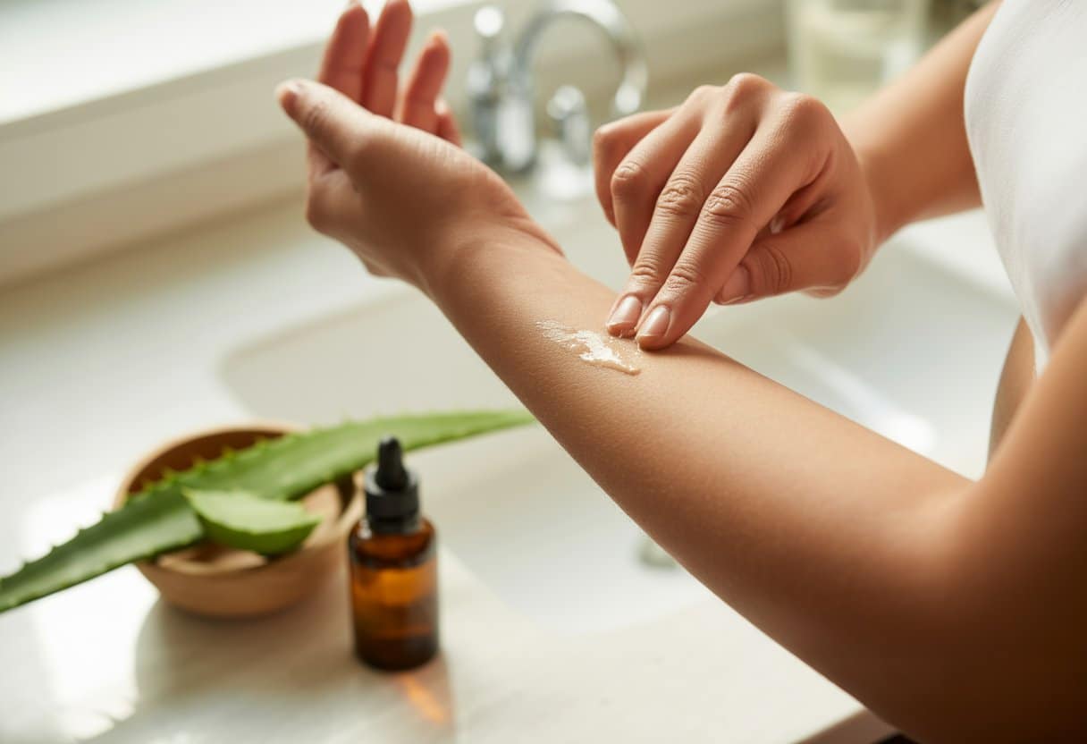 Hands applying natural cream to a small rough patch on a person's forearm in a bright bathroom setting.