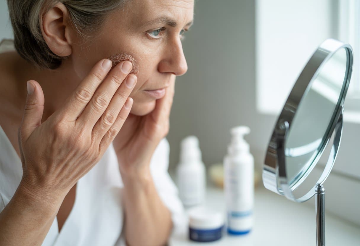 A person closely examining a rough patch of skin on their cheek in a bright home bathroom with skincare products nearby.