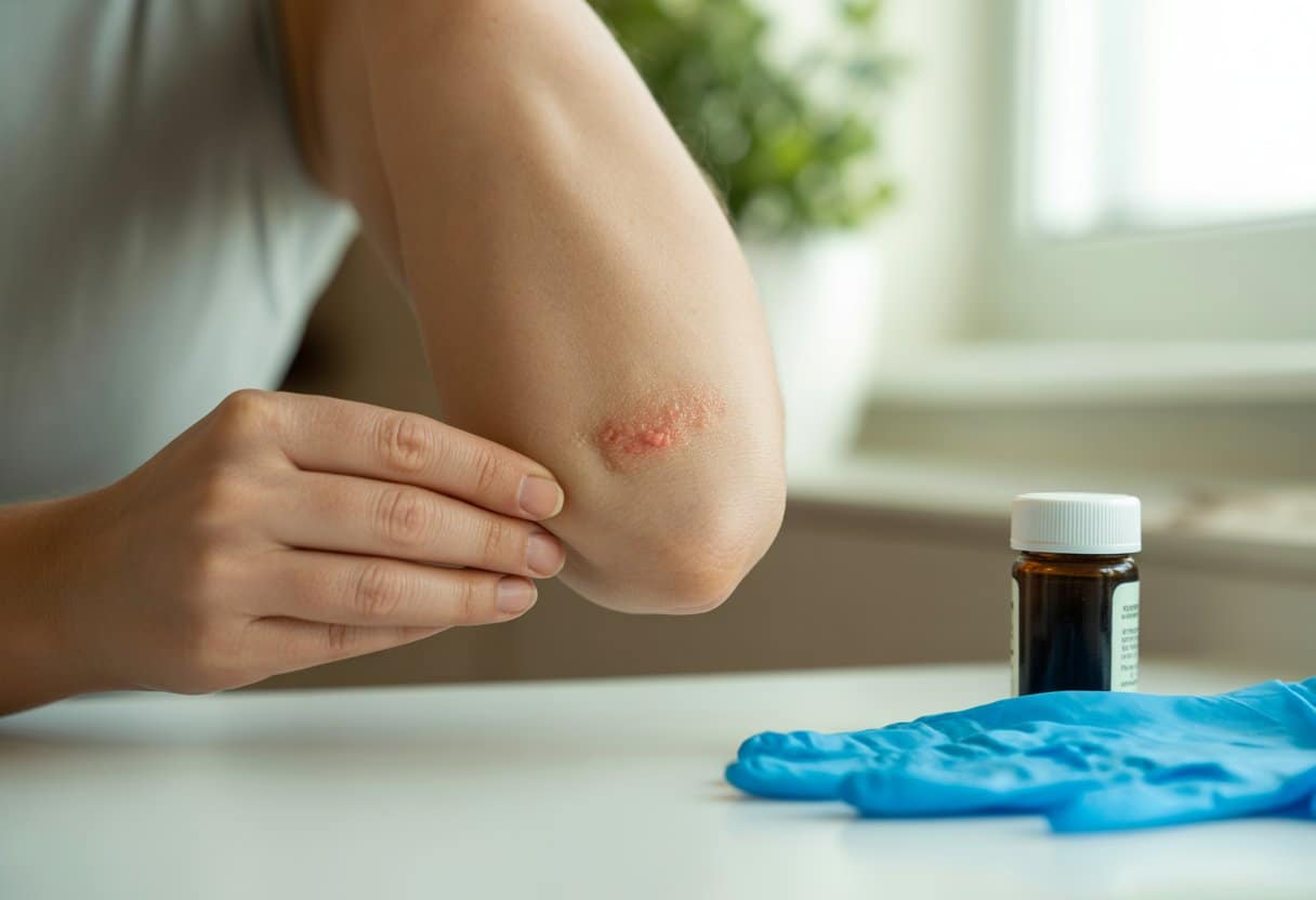A person examining a rough patch of skin on their forearm with a bottle of cream and gloves nearby on a white surface.