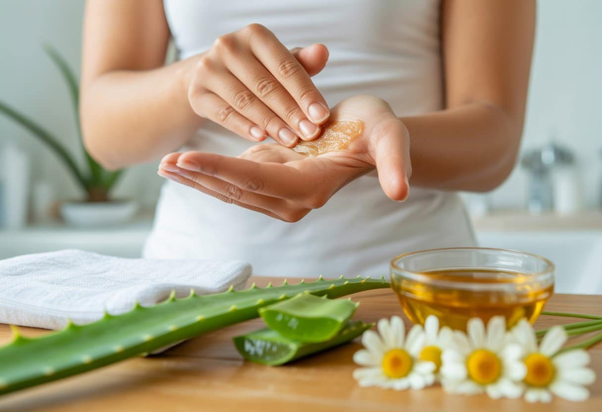 A person applying natural cream to rough skin on their forearm with fresh aloe vera and natural remedy ingredients nearby on a wooden surface.