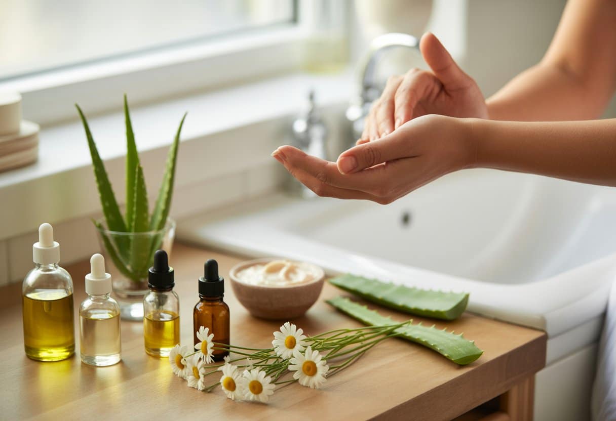 A person applying natural oil to their forearm with bottles of oils, aloe vera, and chamomile flowers on a wooden countertop in a bright bathroom.