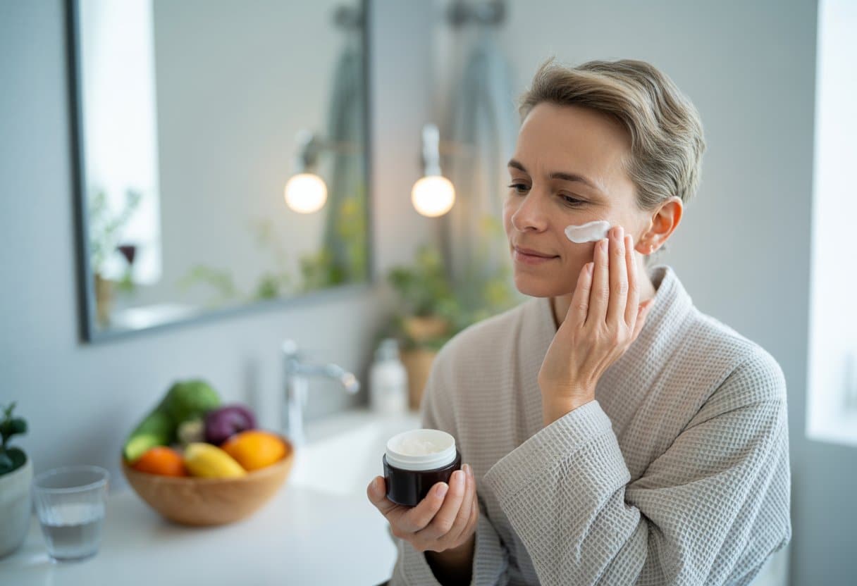 A middle-aged person applying skincare cream to their face in a bright bathroom with fresh fruits and a plant nearby.