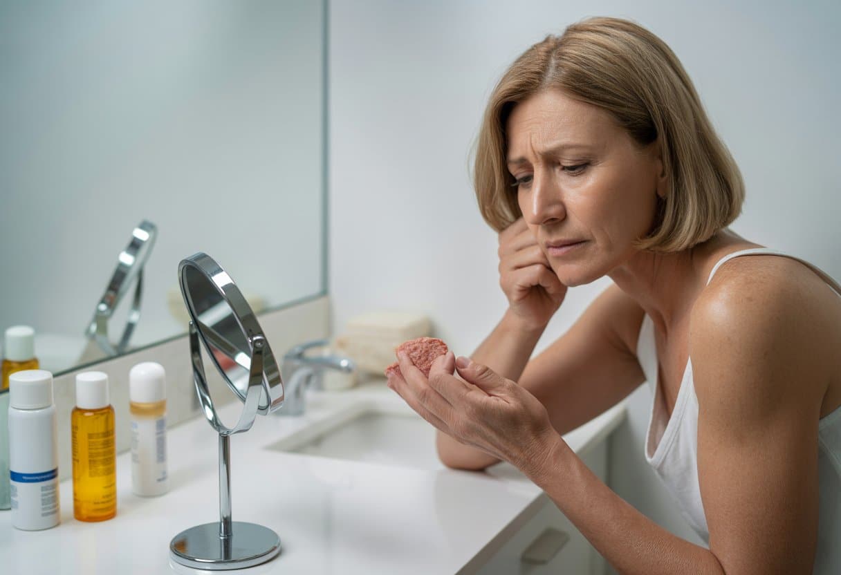 A middle-aged woman examining a rough patch of skin on her face while sitting at a bathroom counter with skincare products nearby.