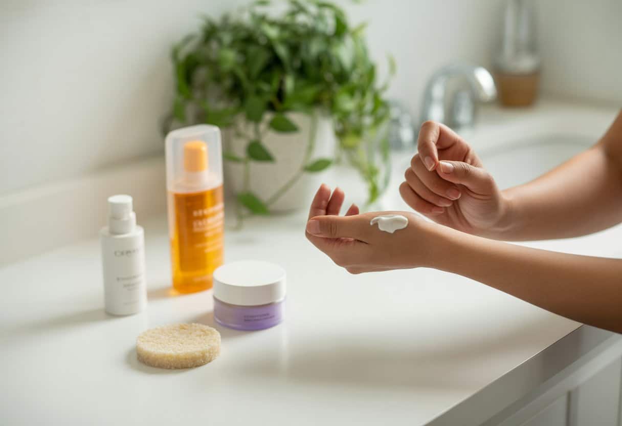 A person applying cream to their hand in a bright bathroom with skincare products on the counter and a green plant in the background.