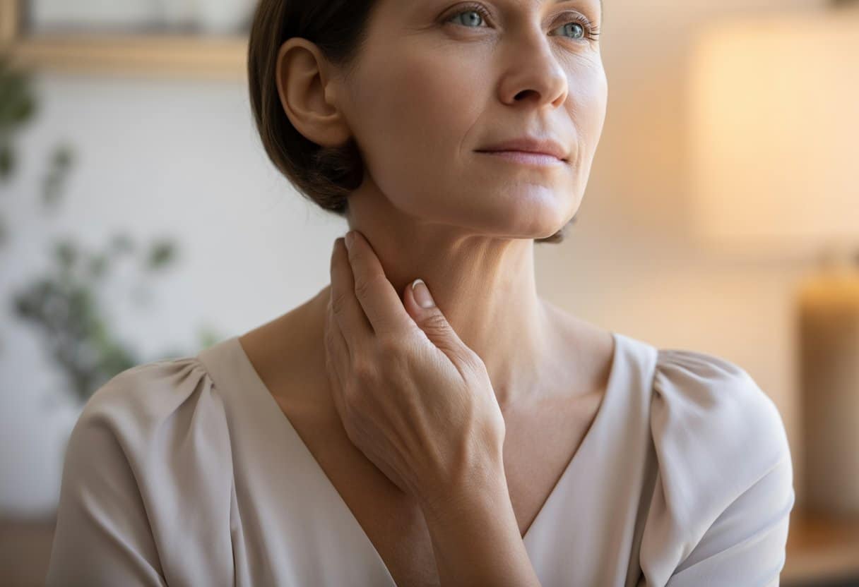 A middle-aged woman gently touching her neck, focusing on the skin area.