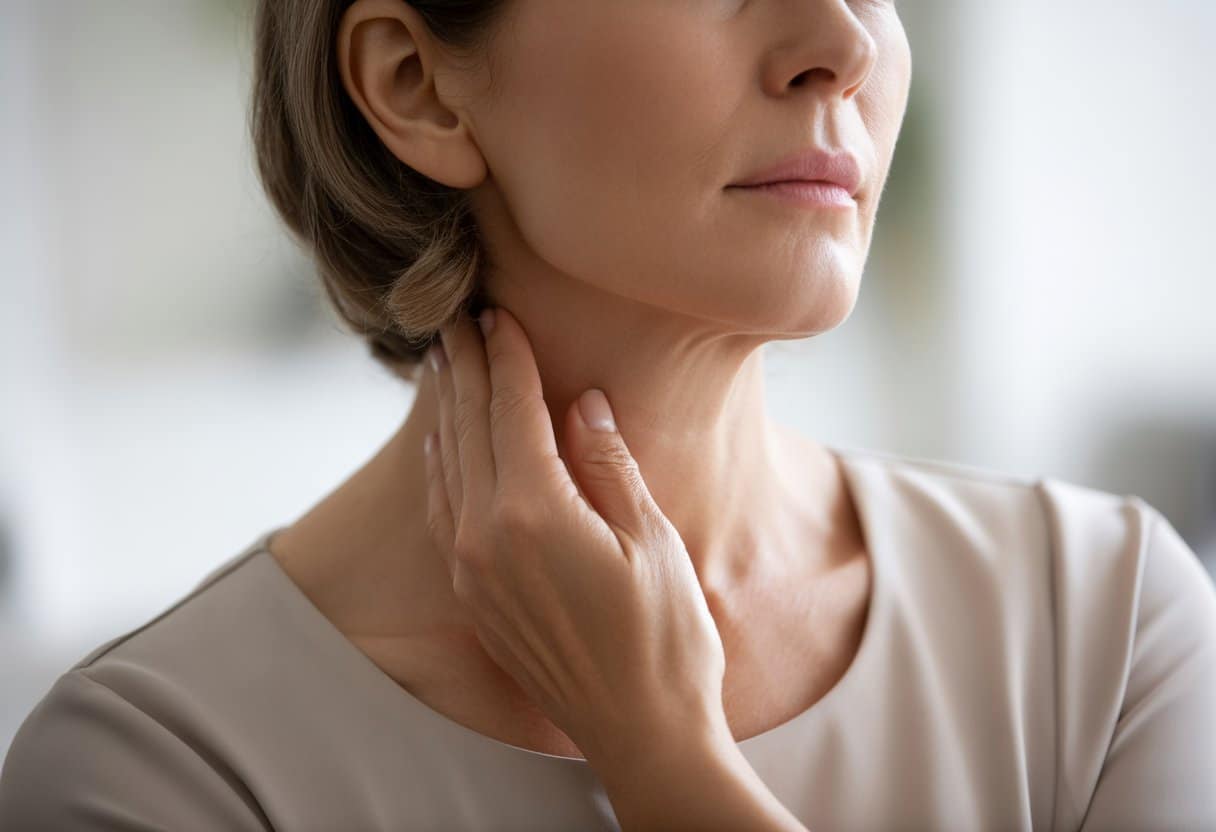 A middle-aged woman gently touching her neck with a calm expression, highlighting the skin on her neck.