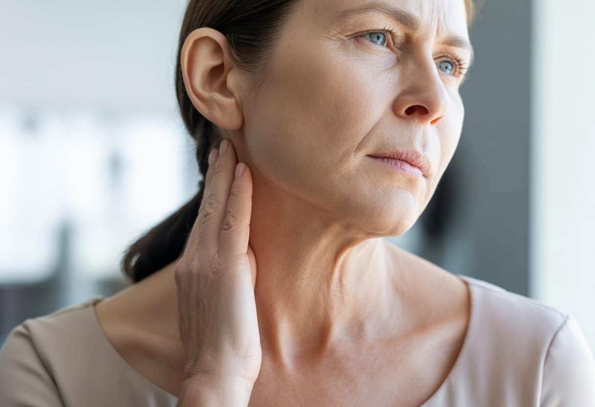 Close-up of a middle-aged woman gently touching her neck, showing saggy and wrinkled skin.