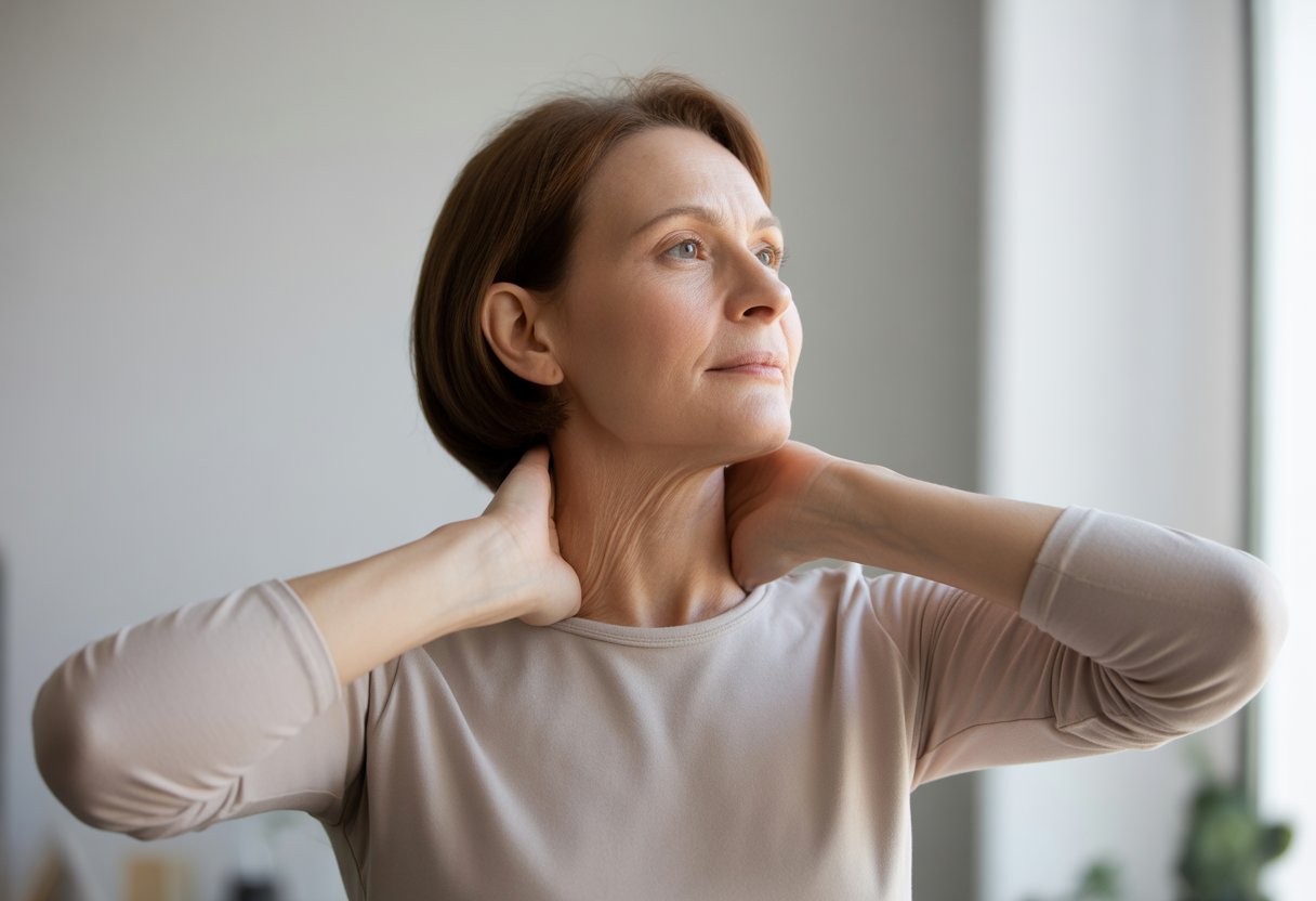 A middle-aged woman gently stretching and massaging her neck in a bright, clean room.