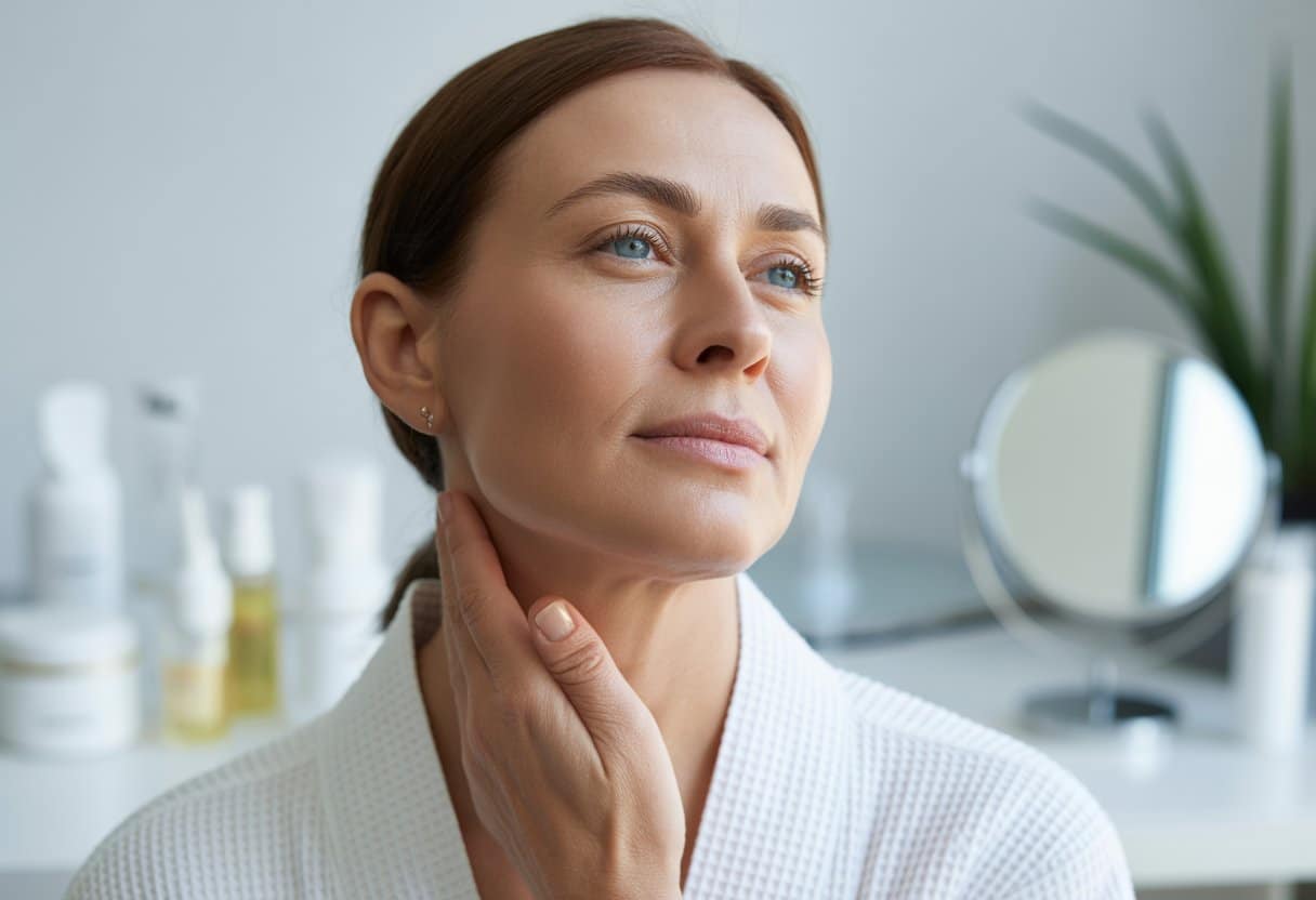 A middle-aged woman gently touching her smooth neck in a bright skincare clinic.