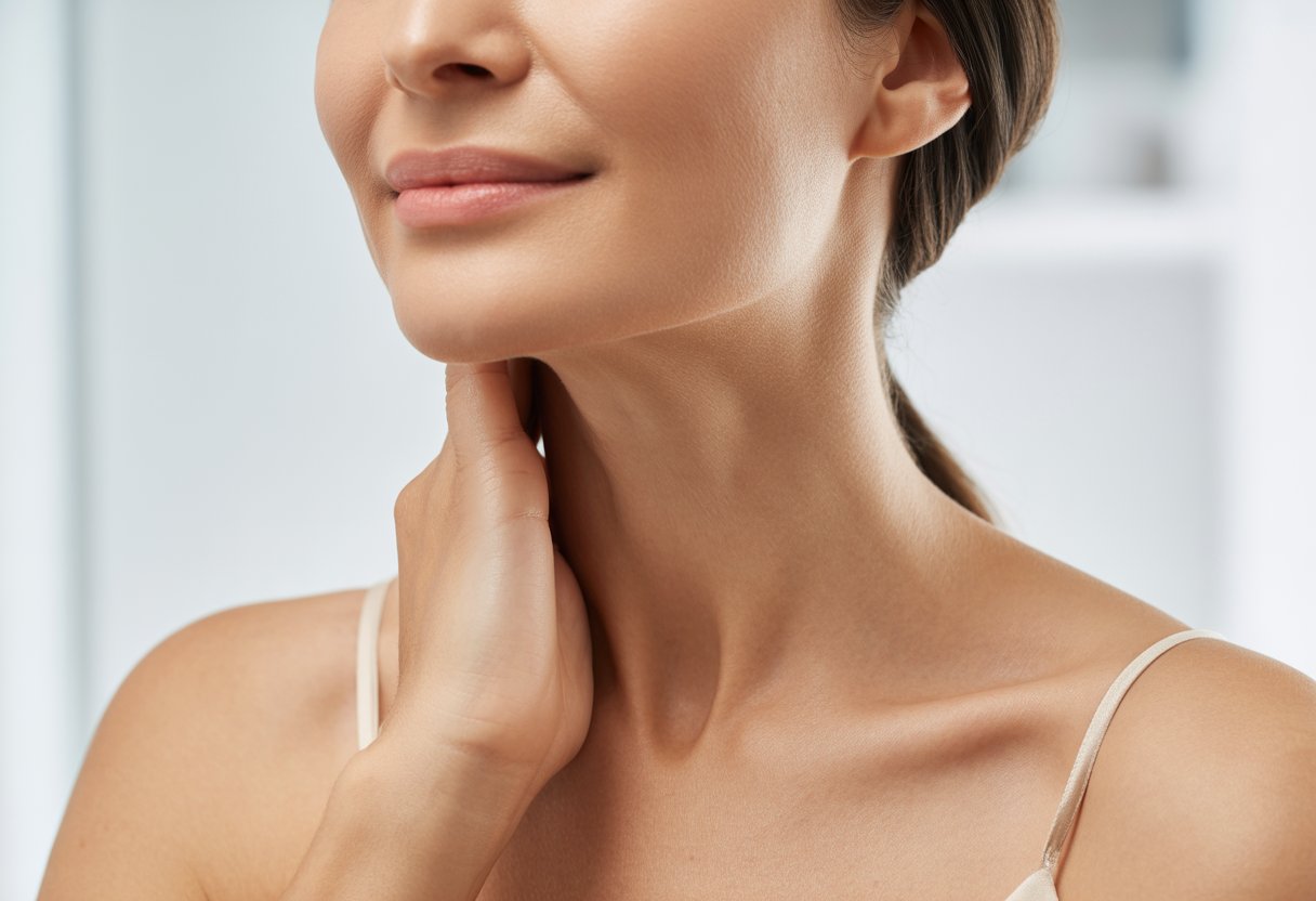 Close-up of a woman gently touching her smooth neck, highlighting firm skin without wrinkles or sagging.