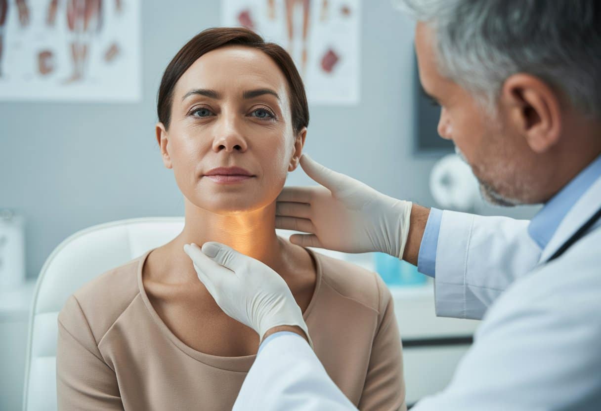 A doctor examining a middle-aged woman's neck in a modern medical office.