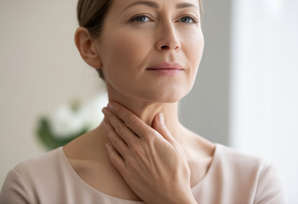 A middle-aged woman gently touching her neck with a calm expression, highlighting the skin on her neck.