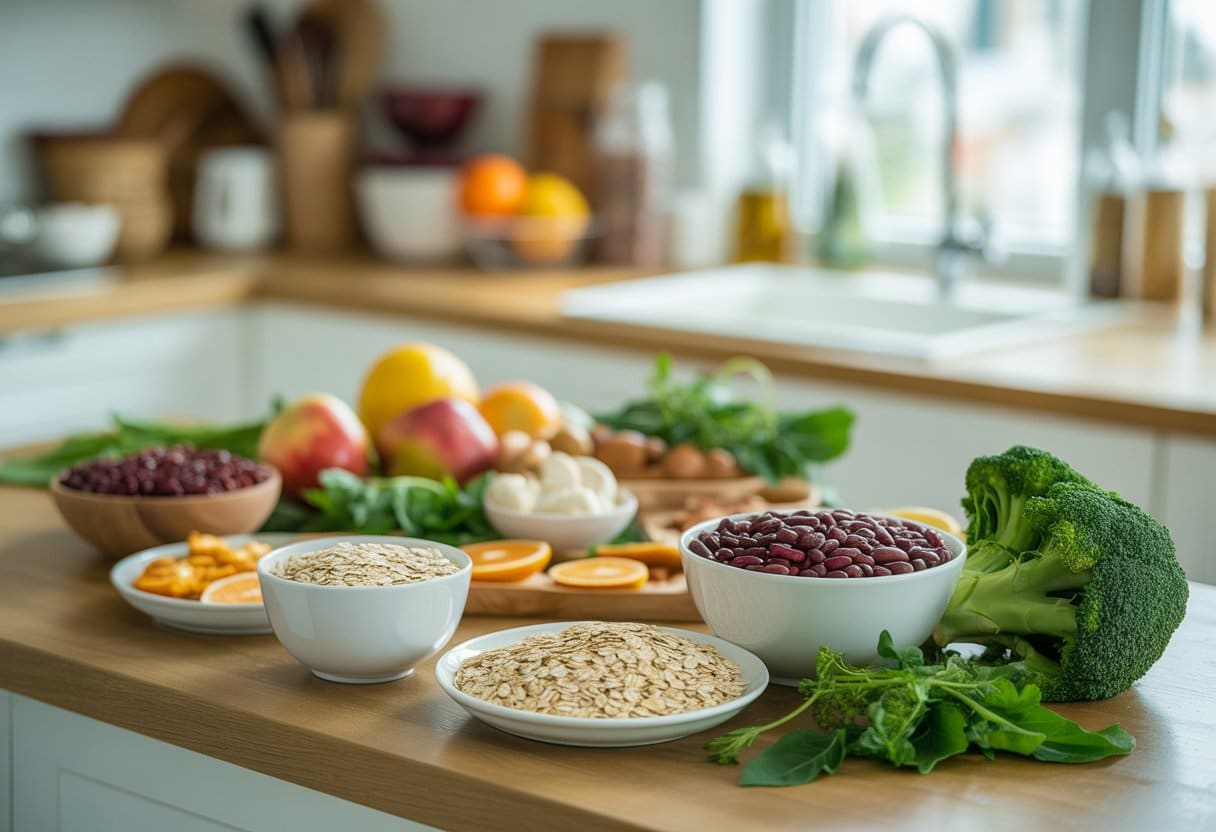 A kitchen countertop with bowls of oats, beans, and broccoli arranged alongside other fresh fruits and vegetables.