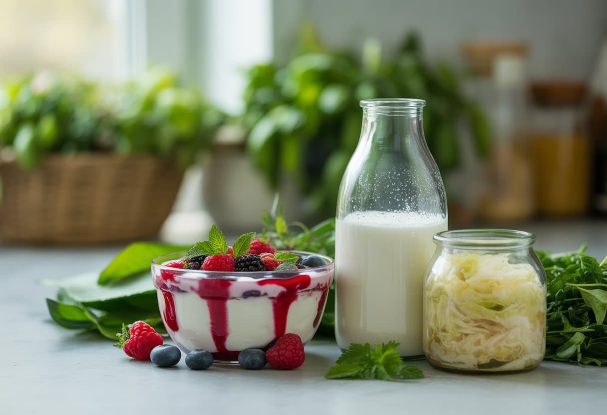 A kitchen countertop with yogurt, kefir, and sauerkraut arranged together with fresh herbs and natural light.