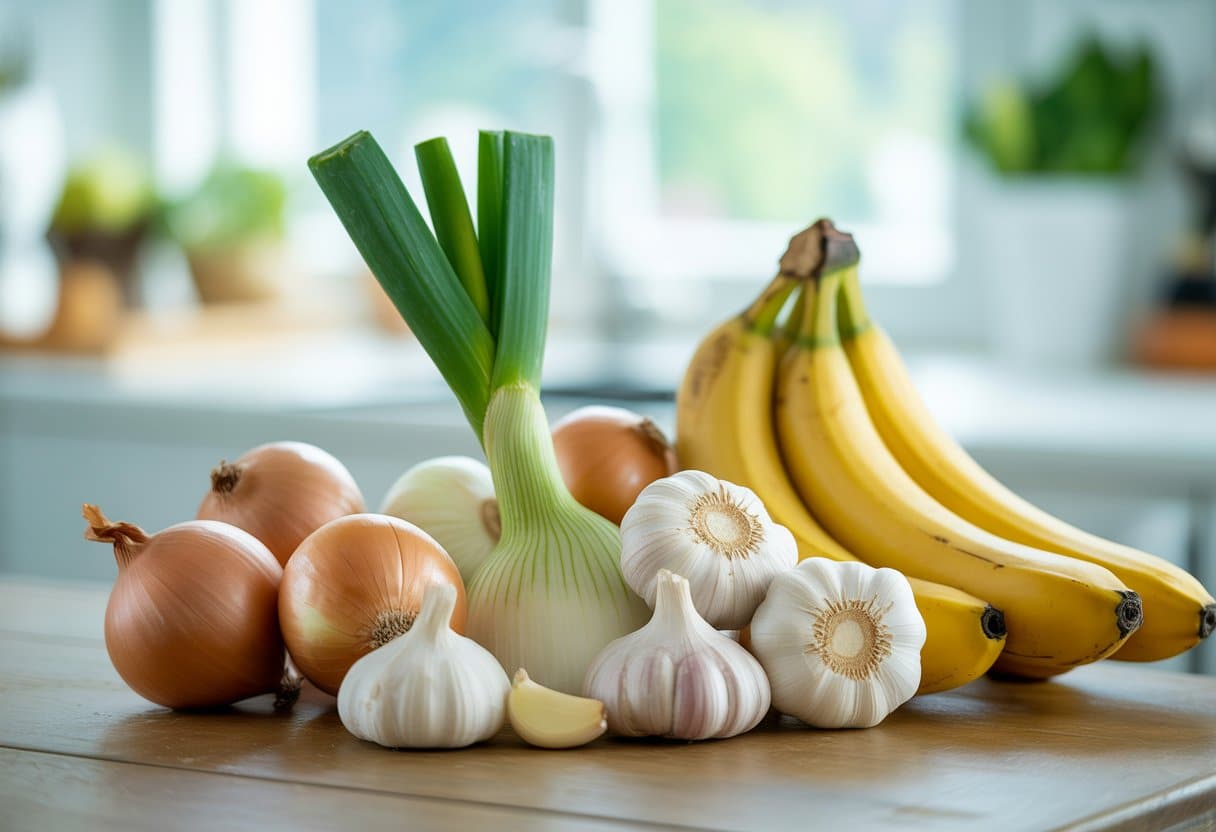 A kitchen table with fresh garlic, onions, and bananas arranged together.
