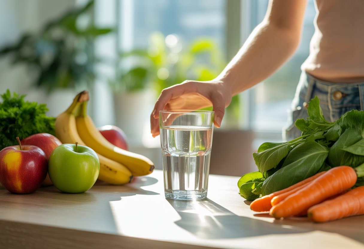 A glass of water on a wooden table surrounded by fresh fruits and vegetables with a hand reaching for the glass.