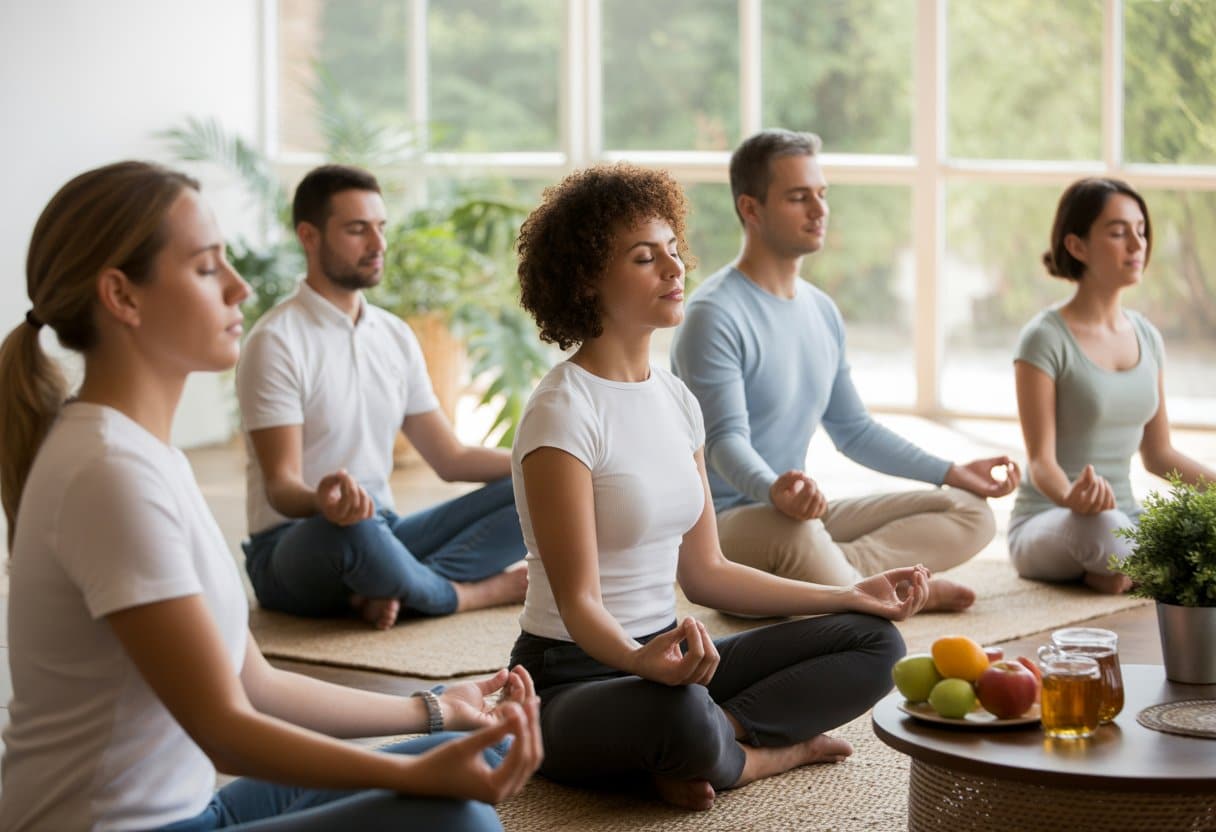 A group of adults meditating and practicing deep breathing in a bright room with natural light, surrounded by fruits, tea, and plants.
