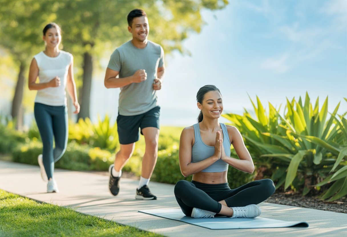 People practicing yoga and walking outdoors in a park surrounded by greenery and sunlight.
