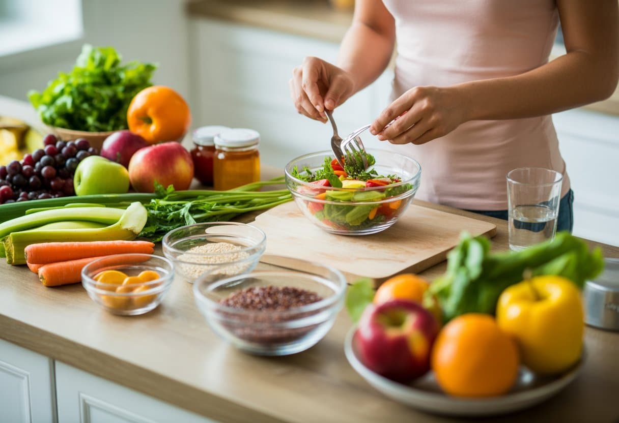 Hands preparing a fresh salad with colorful fruits, vegetables, and whole grains on a kitchen countertop.