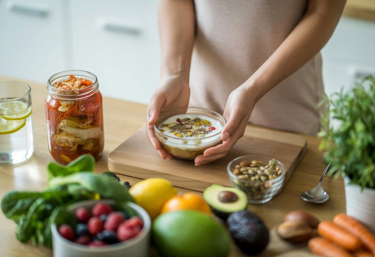 Hands holding a bowl of yogurt with seeds and nuts on a wooden table surrounded by fresh fruits, vegetables, and fermented foods in a bright kitchen.