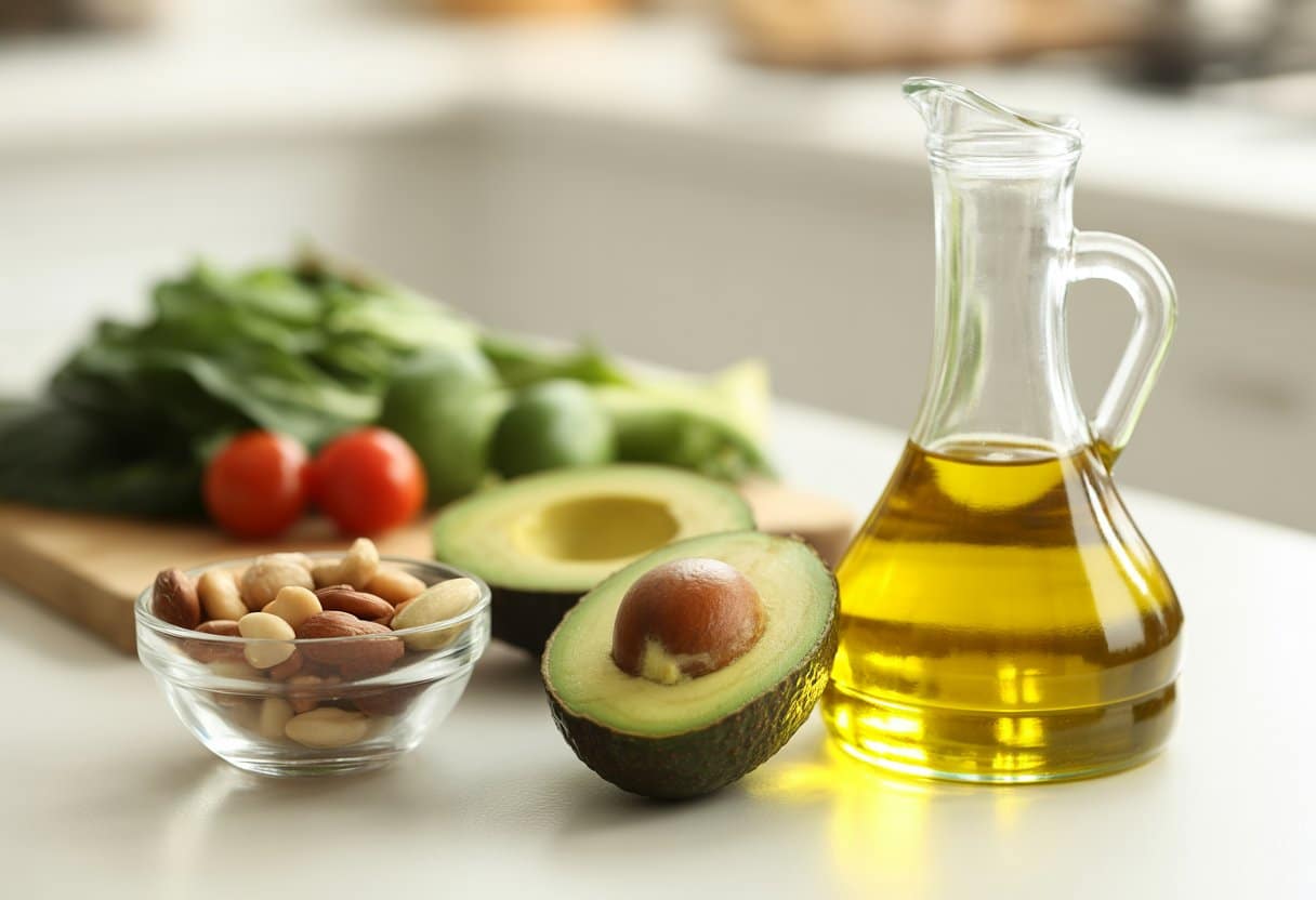 A kitchen countertop with olive oil, a sliced avocado, mixed nuts, and fresh vegetables arranged to represent healthy fats for gut health.