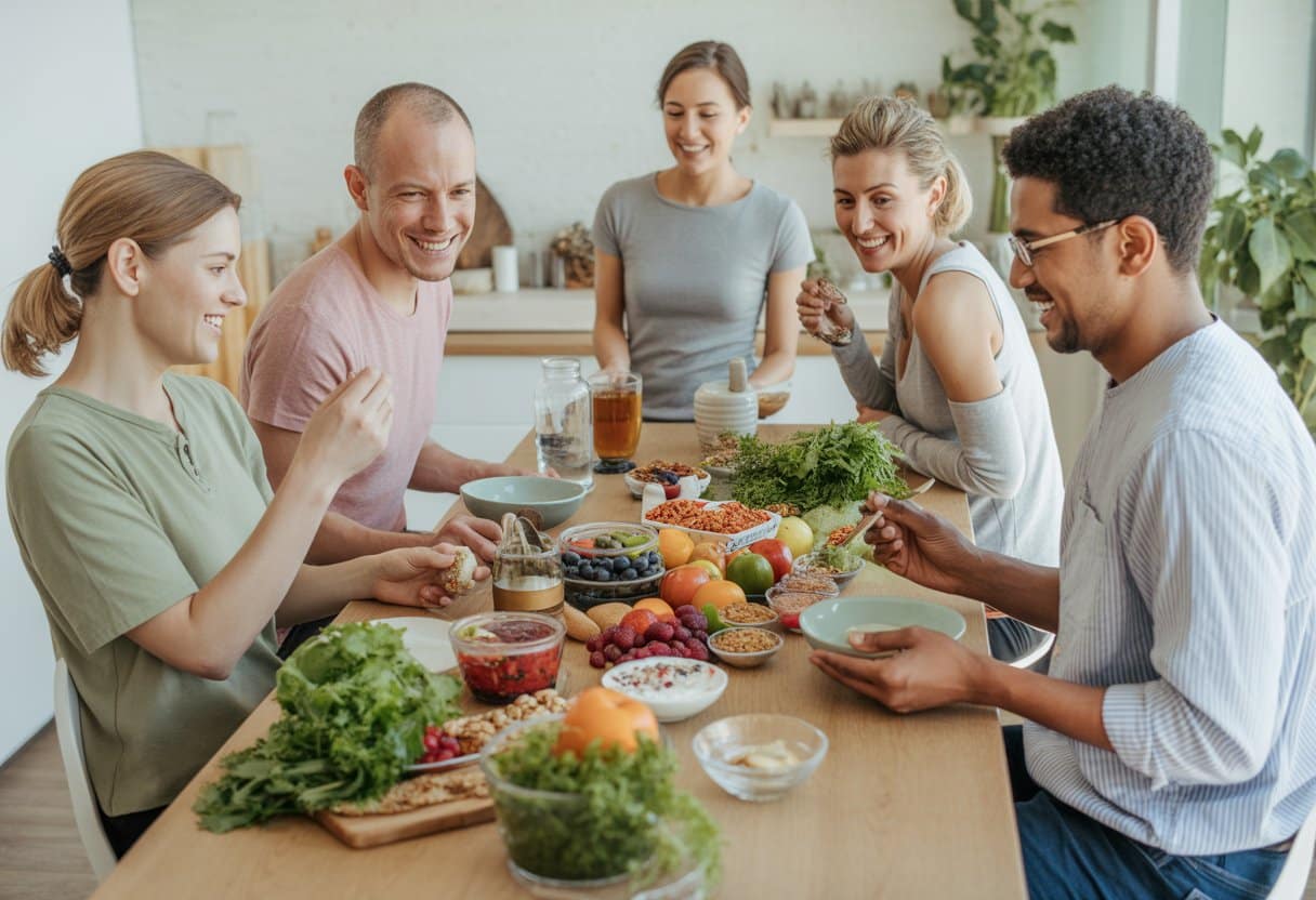 A group of people preparing and enjoying healthy meals with fresh fruits, vegetables, and probiotic foods in a bright kitchen.