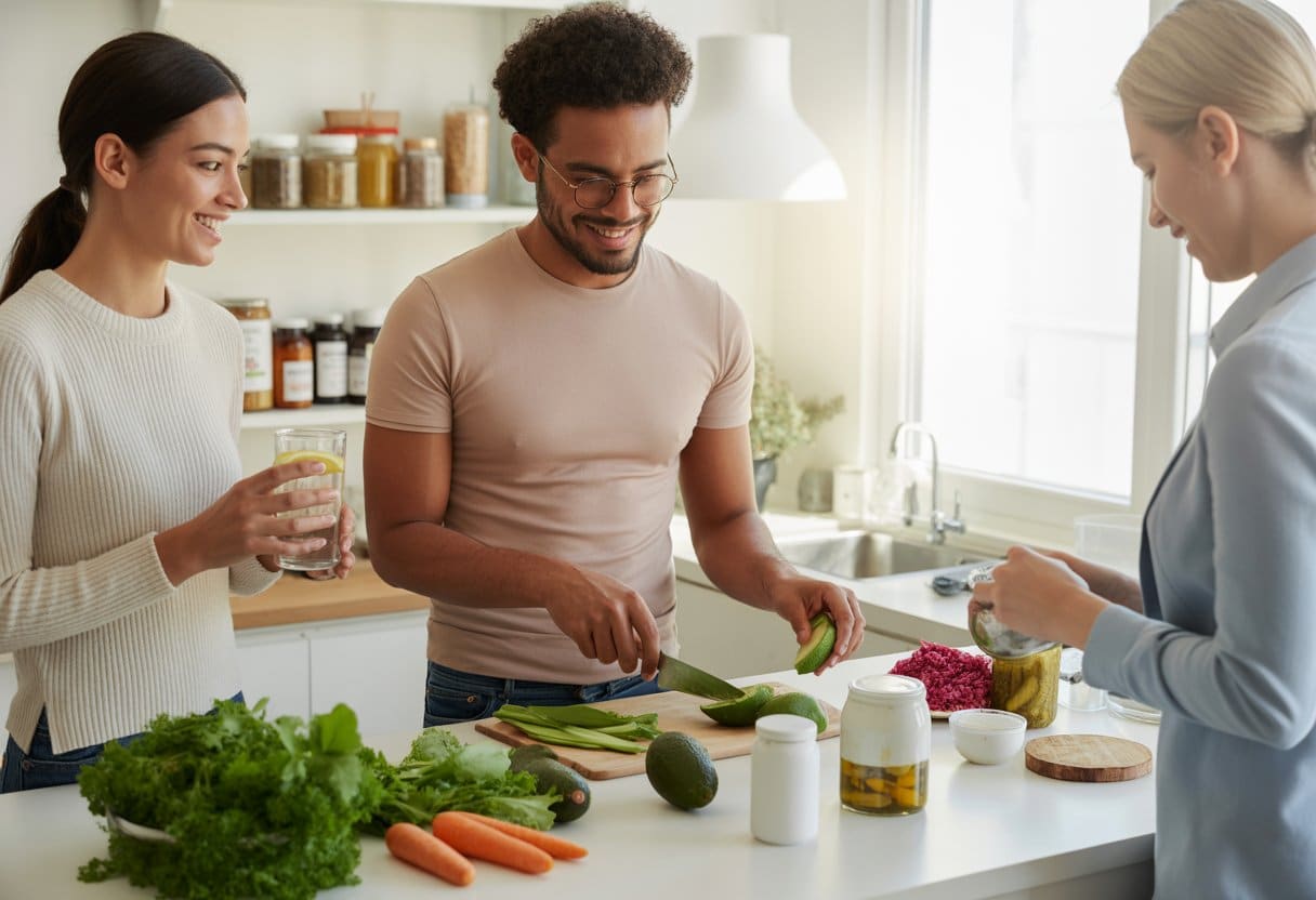 Three adults preparing a healthy meal with fresh vegetables and probiotic foods in a bright kitchen.
