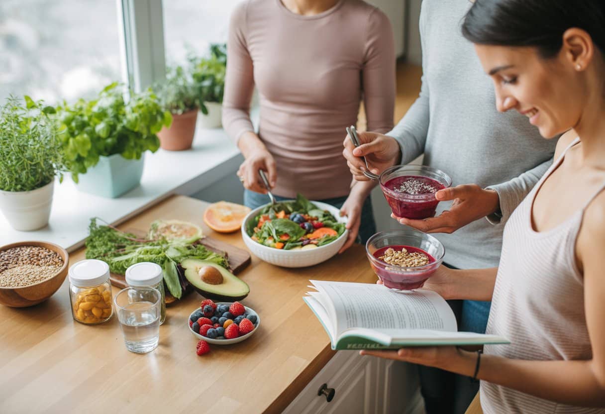 Three adults preparing healthy food with fresh fruits, vegetables, and probiotic jars in a bright kitchen.