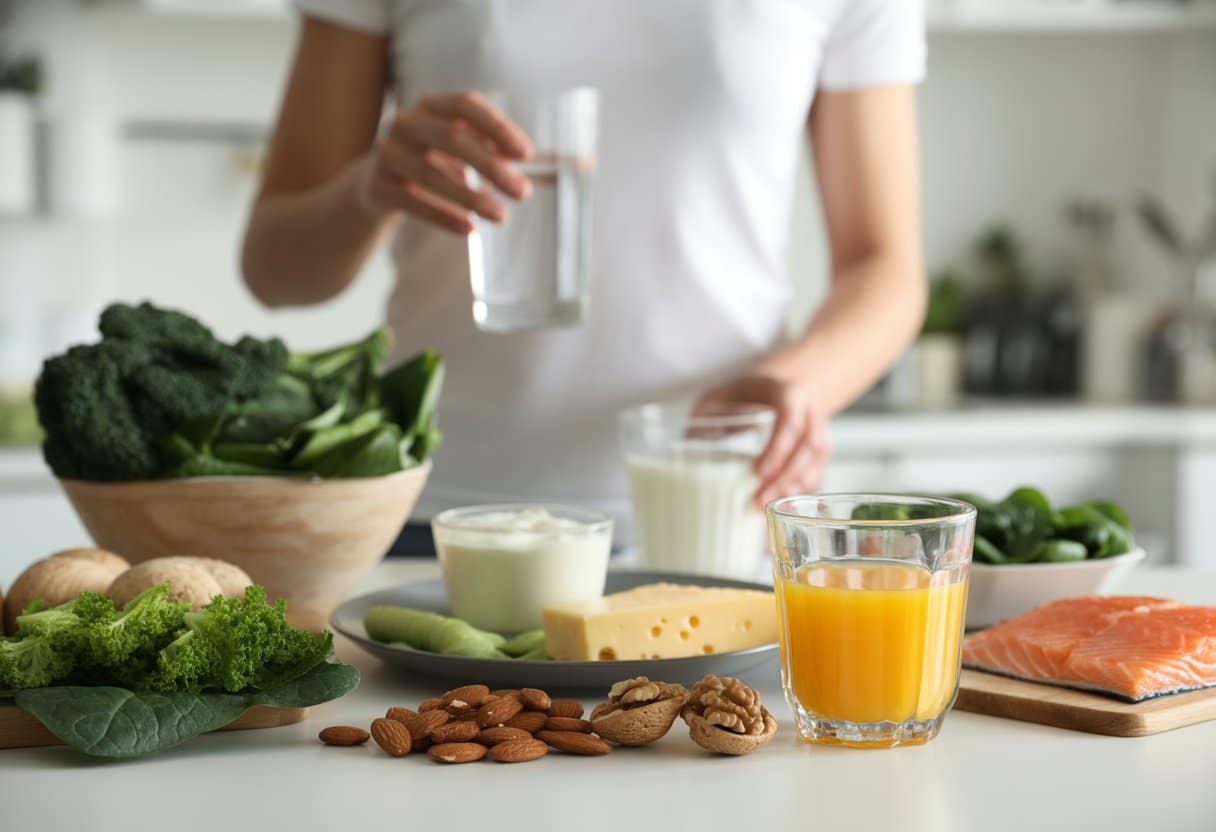 A kitchen countertop with fresh leafy greens, dairy products, nuts, salmon, and a glass of juice, with a person reaching for water in the background.