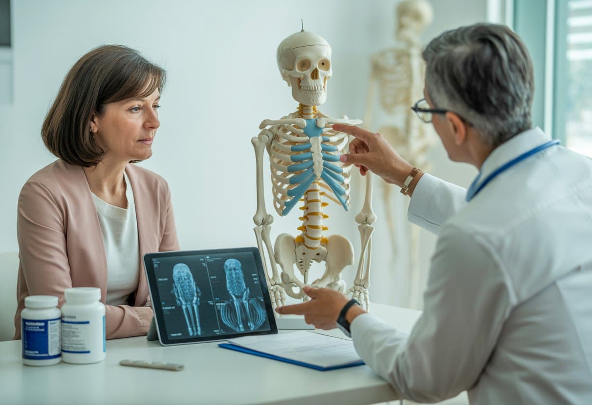 A woman consulting a doctor who is showing a skeleton model and bone scans in a medical office.