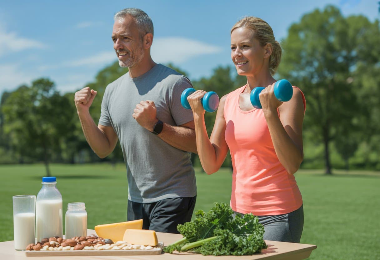 A middle-aged man and woman exercising outdoors near a table with bone-healthy foods like milk, cheese, leafy greens, and nuts.