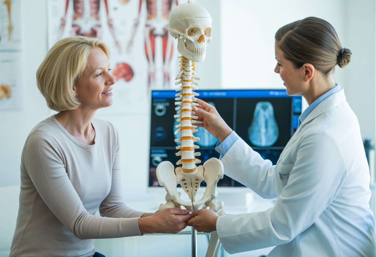 A healthcare professional explains bone health to a middle-aged woman using a skeleton model in a medical office.