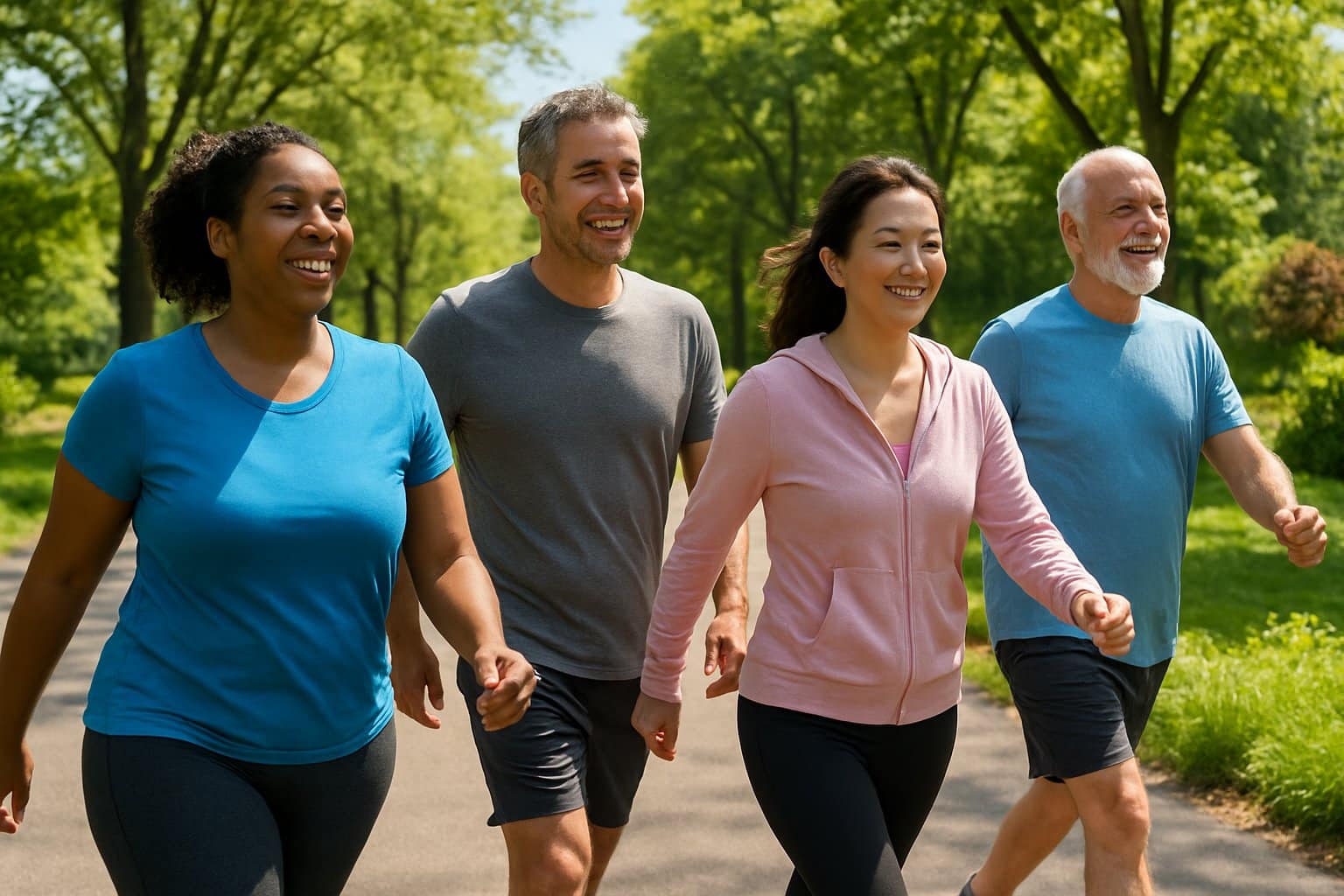 A group of adults walking briskly along a tree-lined park path on a sunny day.