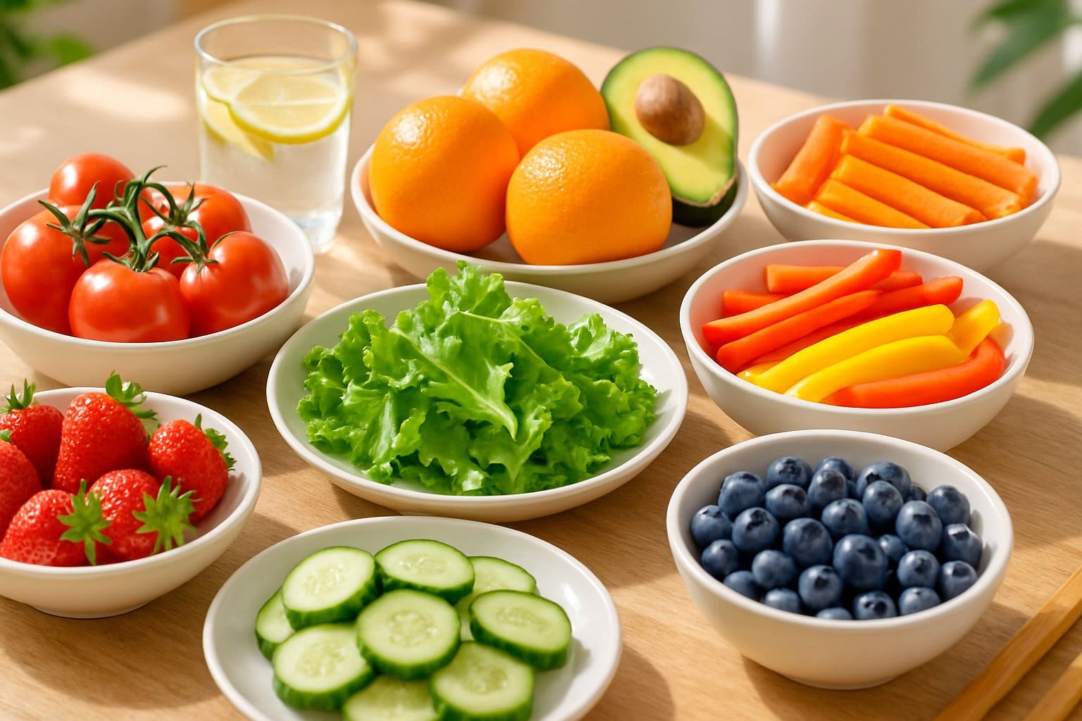 A table set with plates and bowls filled with a variety of fresh fruits and vegetables arranged for a healthy meal.