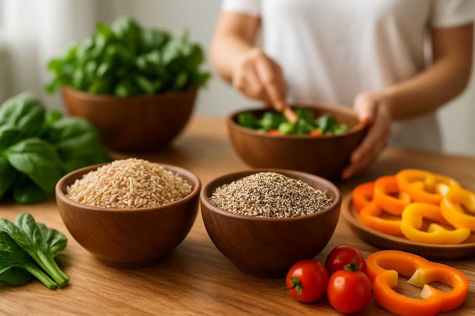 Bowls of brown rice and quinoa on a wooden table surrounded by fresh vegetables with a person preparing a healthy meal in the background.