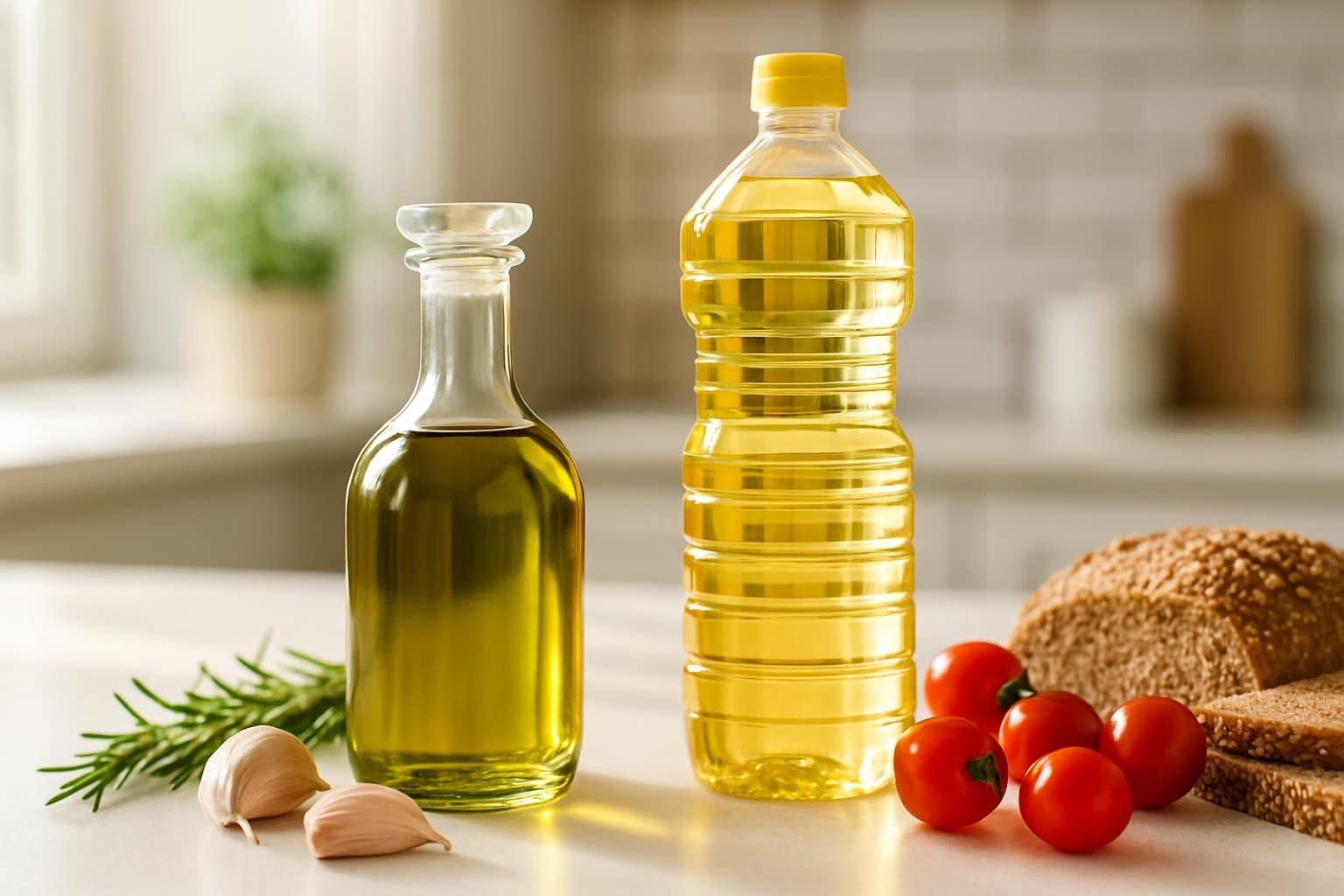 A kitchen counter with bottles of olive oil and canola oil surrounded by fresh herbs, garlic, tomatoes, and bread.