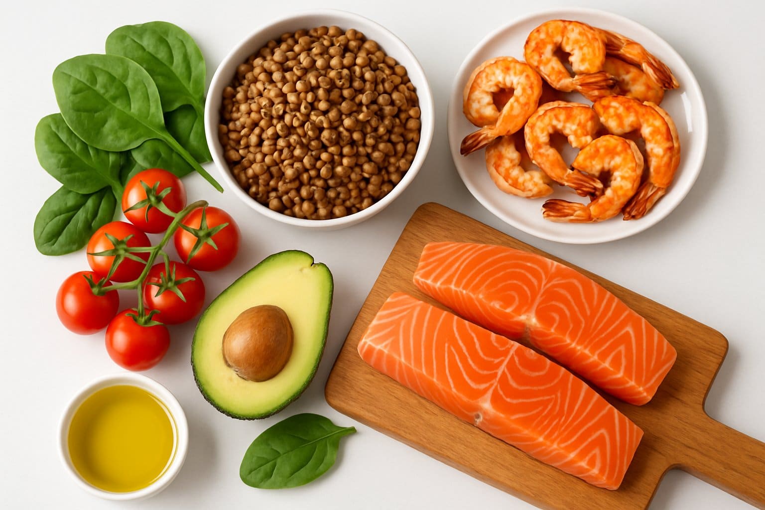 A selection of fresh seafood and plant-based foods including salmon, shrimp, lentils, spinach, tomatoes, and avocado arranged on a white surface.