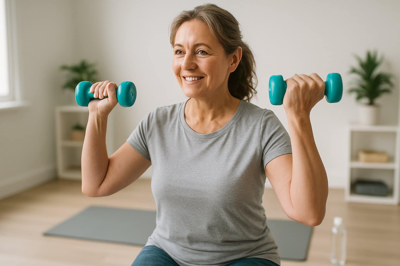 A middle-aged woman lifting small dumbbells in a bright home gym.