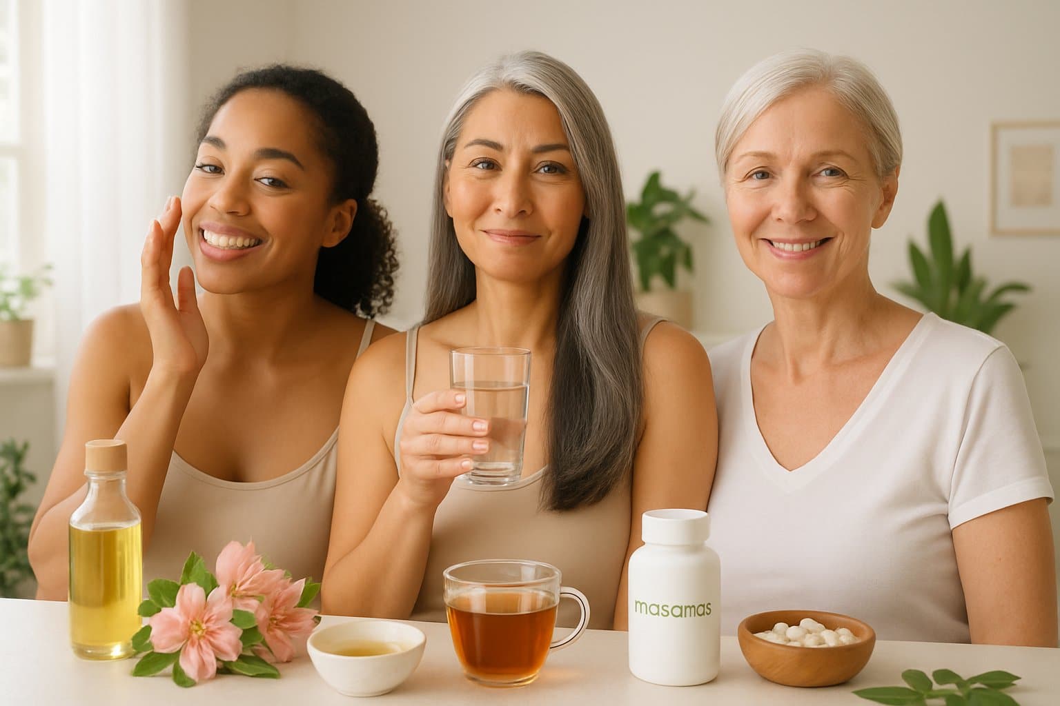 A diverse group of women in a bright, clean space practicing self-care with natural products and wellness items nearby.