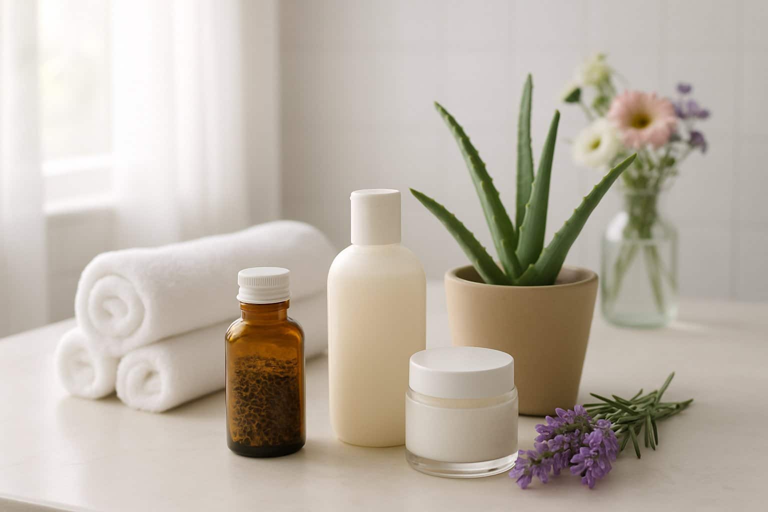 A clean bathroom vanity with natural skincare products, white towels, and a small potted plant, symbolizing feminine hygiene and wellness.