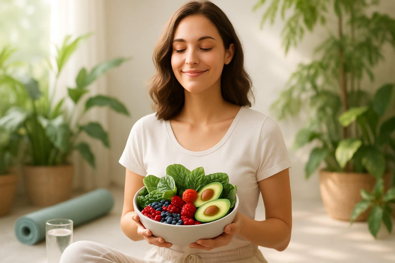 A young woman smiling and holding a bowl of fresh fruits and vegetables in a natural setting with plants and soft light.