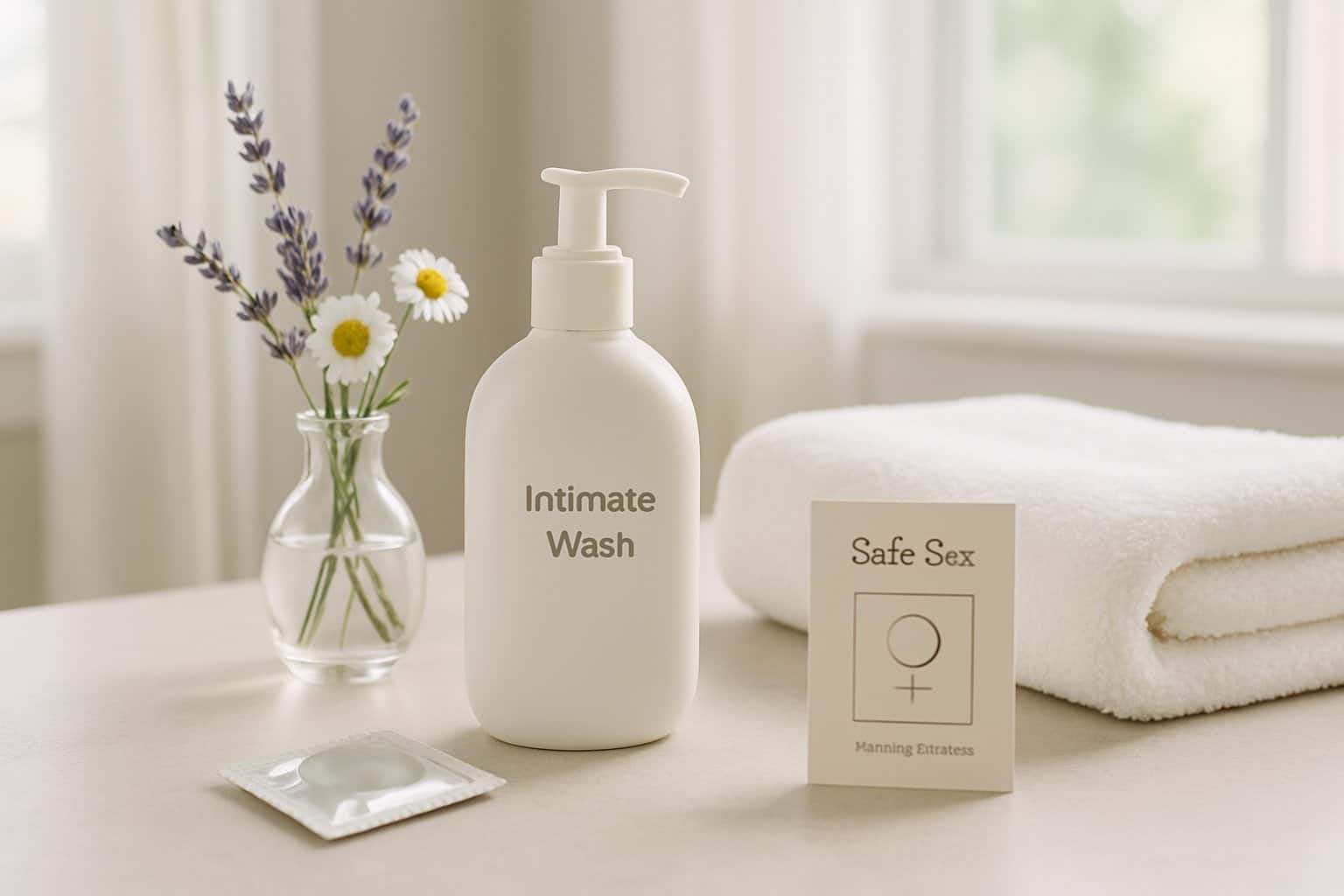 A clean bathroom countertop with feminine hygiene products, fresh flowers, a white towel, a box of condoms, and a pamphlet about safe sex, bathed in natural light.
