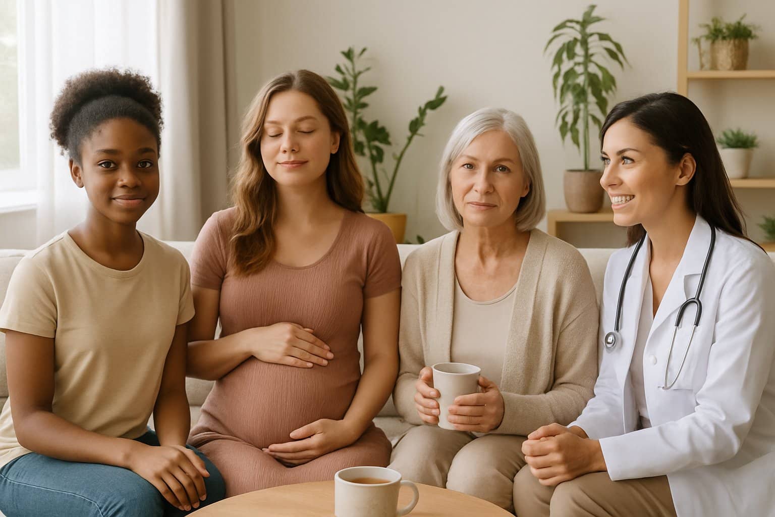 A diverse group of women of different ages in a calm, bright room, engaging in gentle self-care and wellness activities.